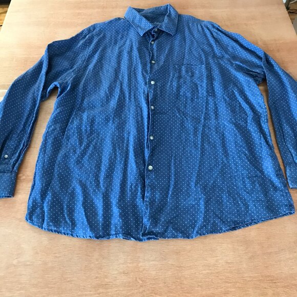 Tasso Elba 100% Linen Shirt Men XXL Blue Dots Button Up Pocket Long Sleeve 16742 - Picture 1 of 13